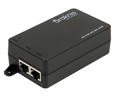 Araknis Multi-Gig PoE+ Injector angle view showing Ethernet ports