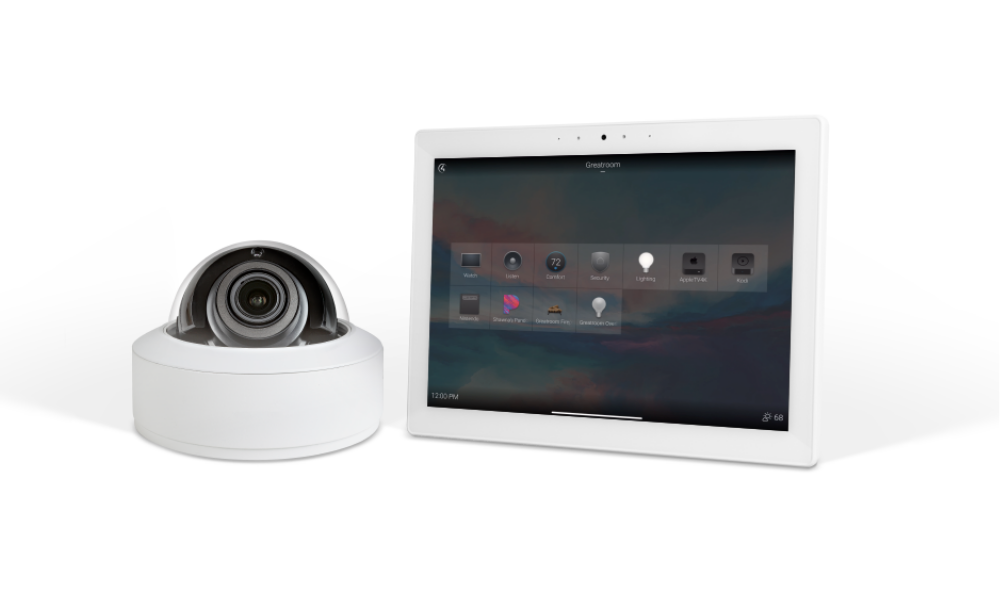 Dome camera alongside a Control4 touchscreen showing camera and system controls