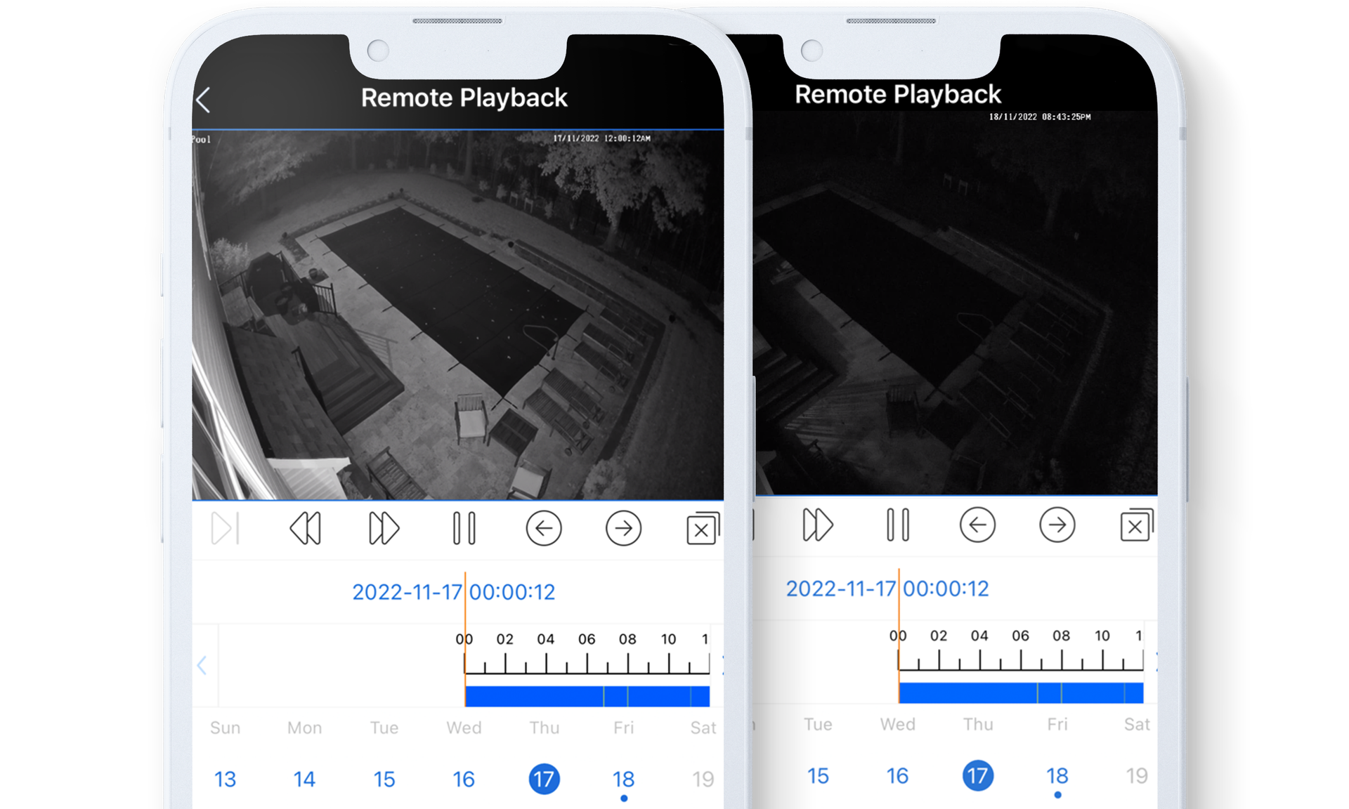 Side-by-side night vision playback screens showing IR-illuminated video at different distances