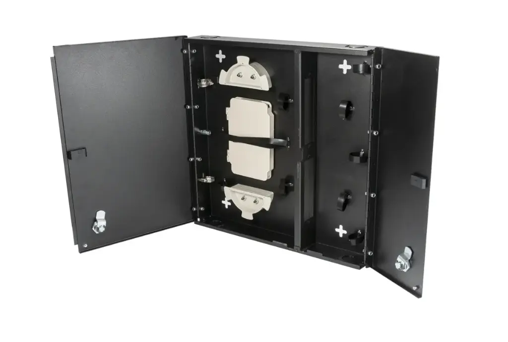 Small, empty wall mount with split metal door, with one lock/key. Fits 2 LGX adapter plates.
