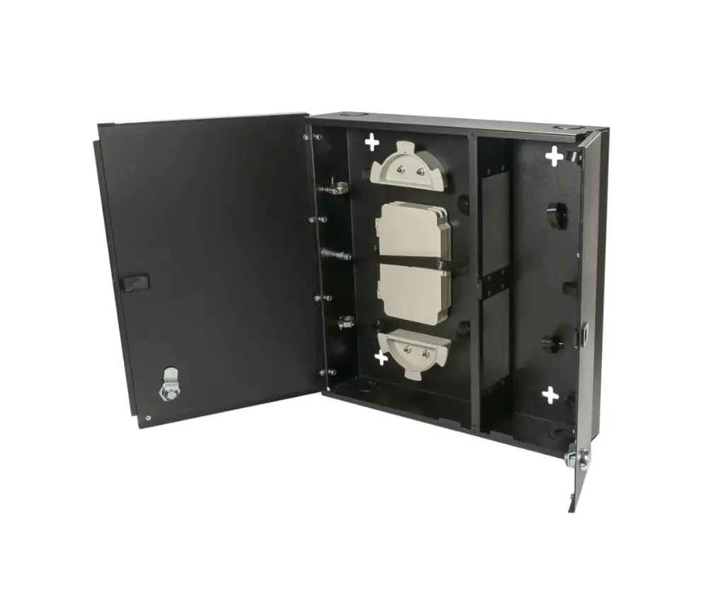 Medium, empty wall mount with split metal door, with one lock/key. Fits 4 LGX adapter plates.